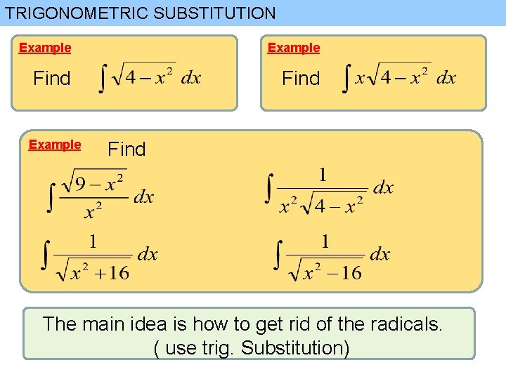 TRIGONOMETRIC SUBSTITUTION Example Find The main idea is how to get rid of the