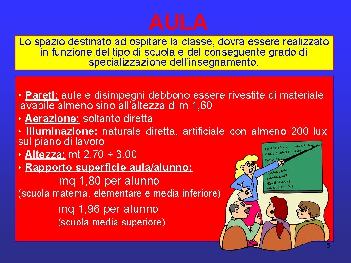 AULA Lo spazio destinato ad ospitare la classe, dovrà essere realizzato in funzione del