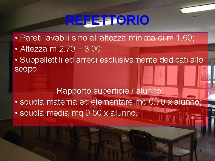 REFETTORIO • Pareti lavabili sino all’altezza minima di m 1. 60; • Altezza m