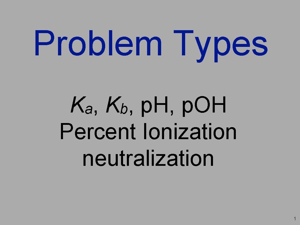 Problem Types Ka, Kb, p. H, p. OH Percent Ionization neutralization 1 