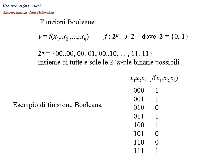 Macchine per fare i calcoli Meccanizzazione della Matematica Funzioni Booleane y = f(x 1,