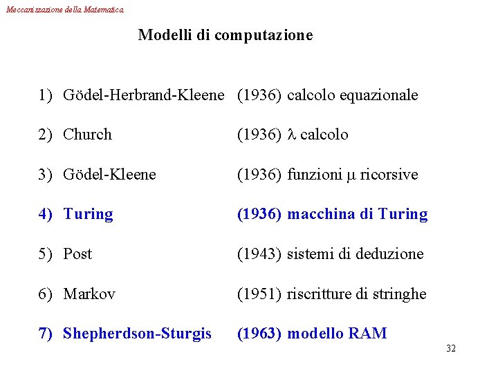 Meccanizzazione della Matematica Modelli di computazione 1) Gödel-Herbrand-Kleene (1936) calcolo equazionale 2) Church (1936)