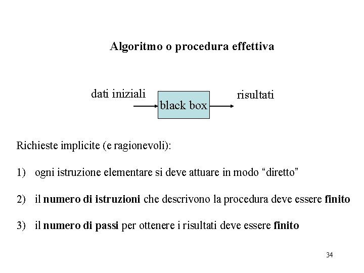 Algoritmo o procedura effettiva dati iniziali black box risultati Richieste implicite (e ragionevoli): 1)