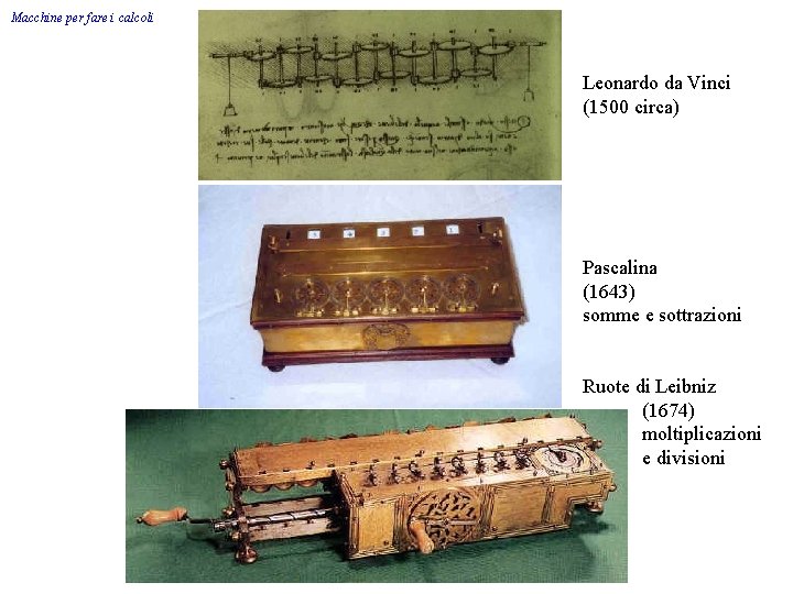 Macchine per fare i calcoli Leonardo da Vinci (1500 circa) Pascalina (1643) somme e