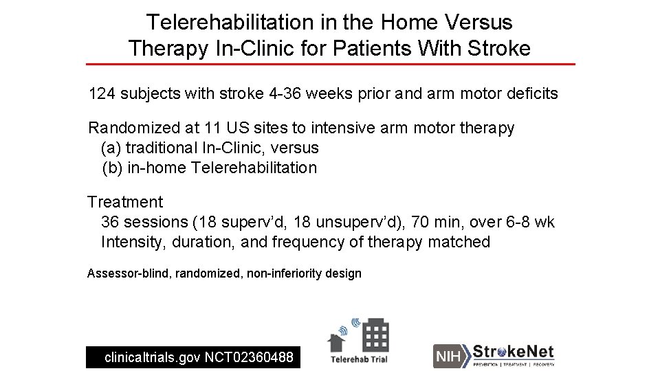 Telerehabilitation in the Home Versus Therapy In-Clinic for Patients With Stroke 124 subjects with