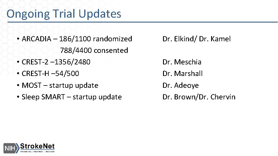 Ongoing Trial Updates • ARCADIA – 186/1100 randomized 788/4400 consented • CREST-2 – 1356/2480