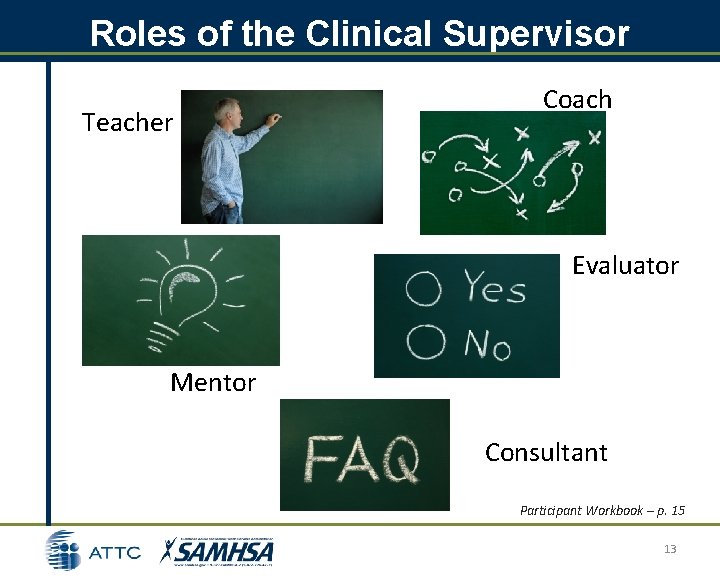 Roles of the Clinical Supervisor Teacher Coach Evaluator Mentor Consultant Participant Workbook – p. Roles of the Clinical Supervisor Teacher Coach Evaluator Mentor Consultant Participant Workbook – p.