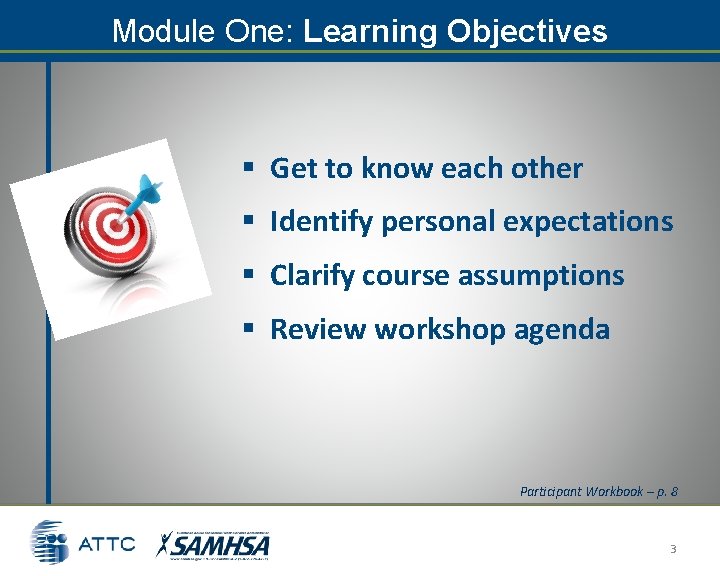 Module One: Learning Objectives § Get to know each other § Identify personal expectations Module One: Learning Objectives § Get to know each other § Identify personal expectations