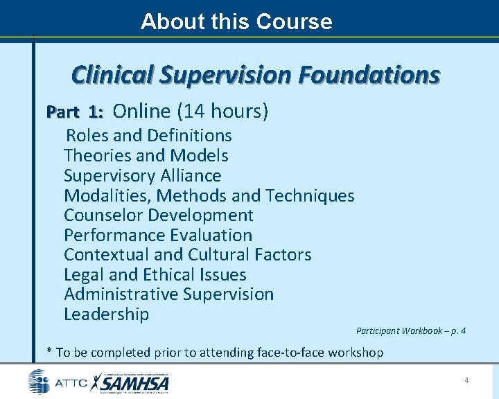 About this Course Clinical Supervision Foundations Part 1: Online (14 hours) Roles and Definitions About this Course Clinical Supervision Foundations Part 1: Online (14 hours) Roles and Definitions