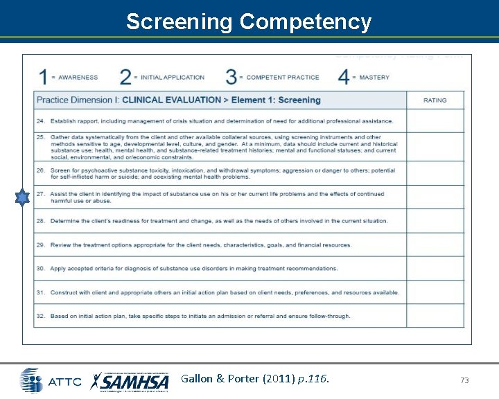 Screening Competency Gallon & Porter (2011) p. 116. 73 Screening Competency Gallon & Porter (2011) p. 116. 73