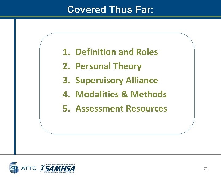 Covered Thus Far: 1. 2. 3. 4. 5. Definition and Roles Personal Theory Supervisory Covered Thus Far: 1. 2. 3. 4. 5. Definition and Roles Personal Theory Supervisory