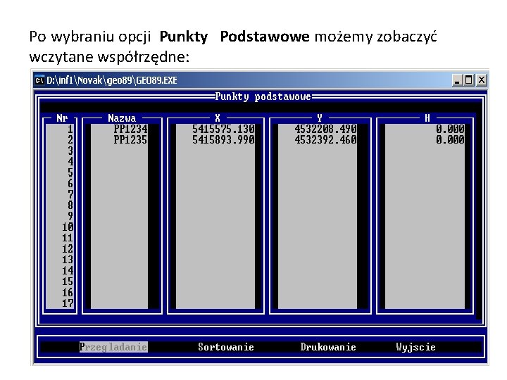 Po wybraniu opcji Punkty Podstawowe możemy zobaczyć wczytane współrzędne: 