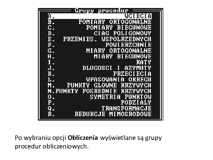Po wybraniu opcji Obliczenia wyświetlane są grupy procedur obliczeniowych. 