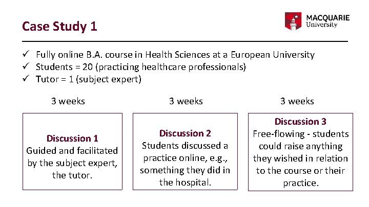 Case Study 1 ü Fully online B. A. course in Health Sciences at a
