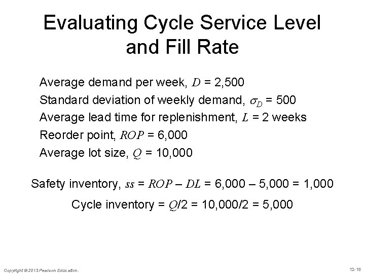 Evaluating Cycle Service Level and Fill Rate Average demand per week, D = 2,