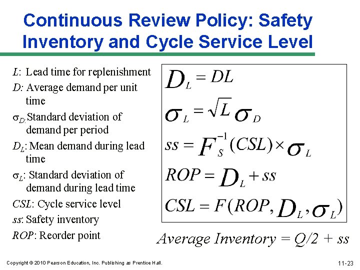 Continuous Review Policy: Safety Inventory and Cycle Service Level L: Lead time for replenishment