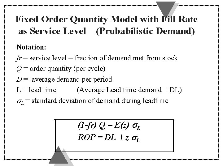 Fixed Order Quantity Model with Fill Rate as Service Level (Probabilistic Demand) Notation: fr