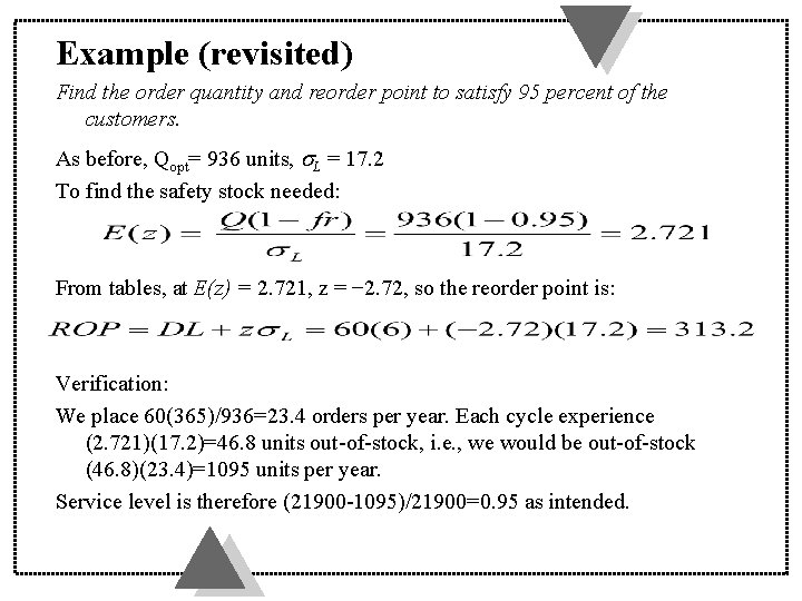 Example (revisited) Find the order quantity and reorder point to satisfy 95 percent of