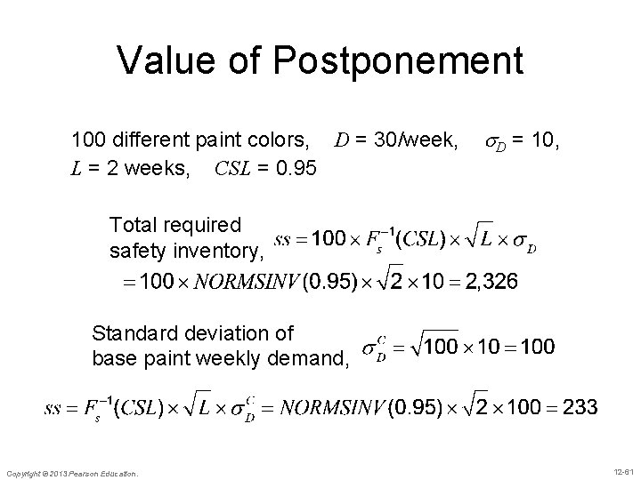 Value of Postponement 100 different paint colors, D = 30/week, L = 2 weeks,