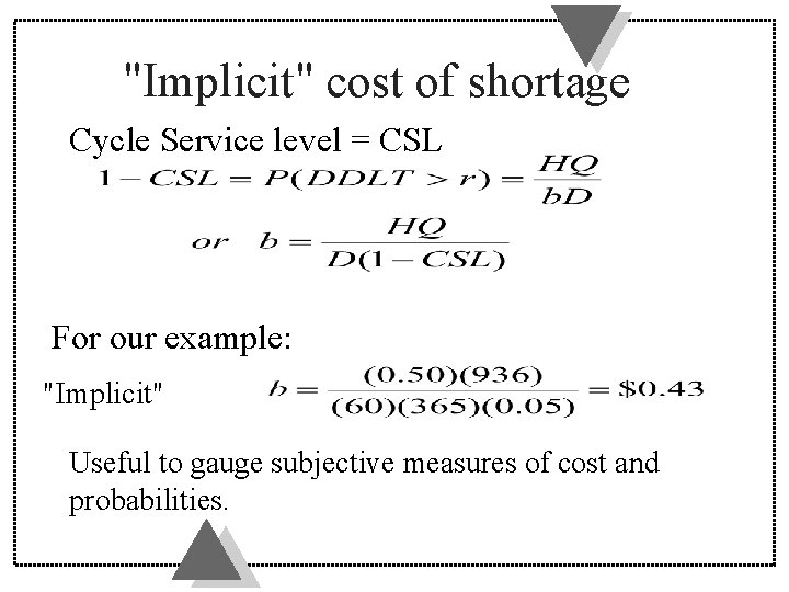 "Implicit" cost of shortage Cycle Service level = CSL For our example: "Implicit" Useful