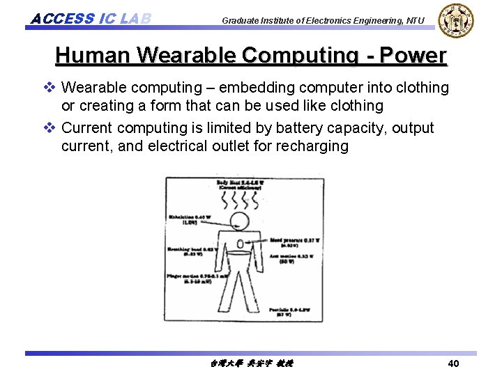 ACCESS IC LAB Graduate Institute of Electronics Engineering, NTU Human Wearable Computing - Power