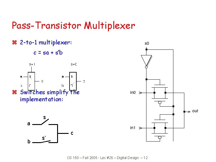 Pass-Transistor Multiplexer z 2 -to-1 multiplexer: c = sa + s’b z Switches simplify Pass-Transistor Multiplexer z 2 -to-1 multiplexer: c = sa + s’b z Switches simplify