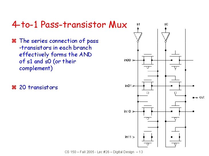 4 -to-1 Pass-transistor Mux z The series connection of pass -transistors in each branch 4 -to-1 Pass-transistor Mux z The series connection of pass -transistors in each branch