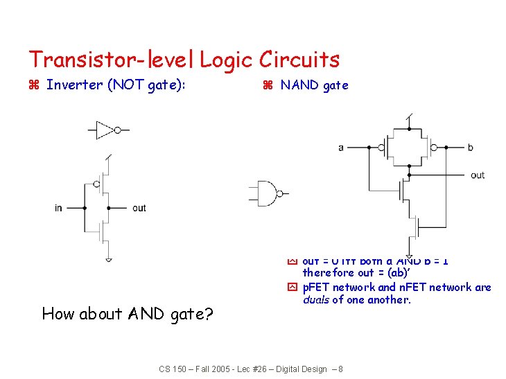 Transistor-level Logic Circuits z Inverter (NOT gate): z NAND gate z Note: How about Transistor-level Logic Circuits z Inverter (NOT gate): z NAND gate z Note: How about