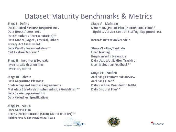 Dataset Maturity Benchmarks & Metrics Stage I - Define Documented Business Requirements Data Needs