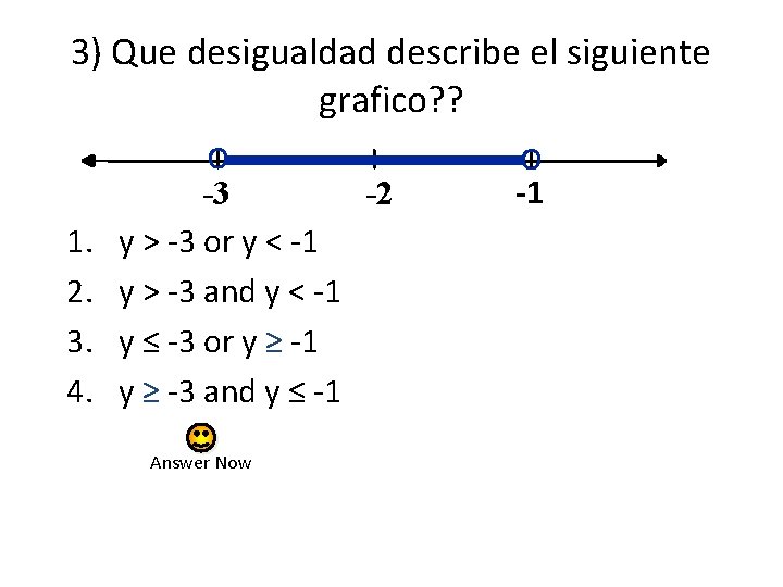 3) Que desigualdad describe el siguiente grafico? ? o 1. 2. 3. 4. -3