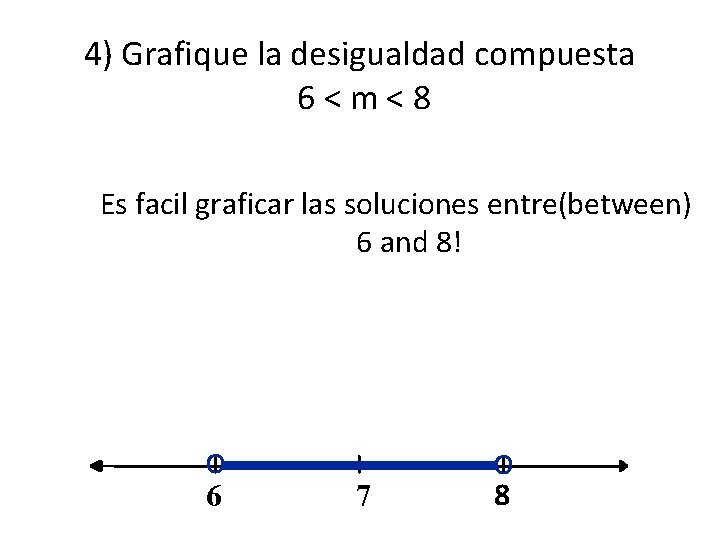 4) Grafique la desigualdad compuesta 6<m<8 Es facil graficar las soluciones entre(between) 6 and