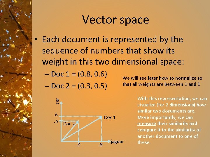 Vector space • Each document is represented by the sequence of numbers that show