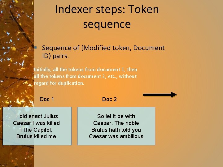 Indexer steps: Token sequence § Sequence of (Modified token, Document ID) pairs. Initially, all