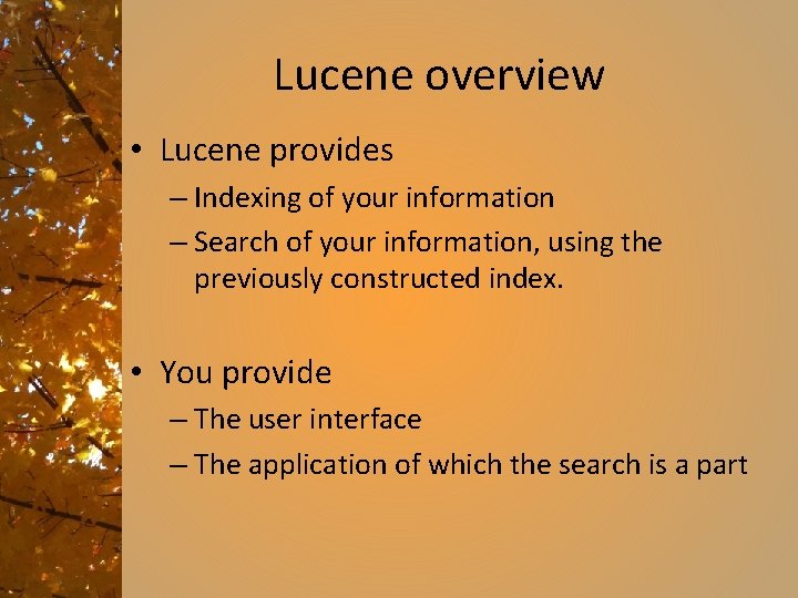 Lucene overview • Lucene provides – Indexing of your information – Search of your