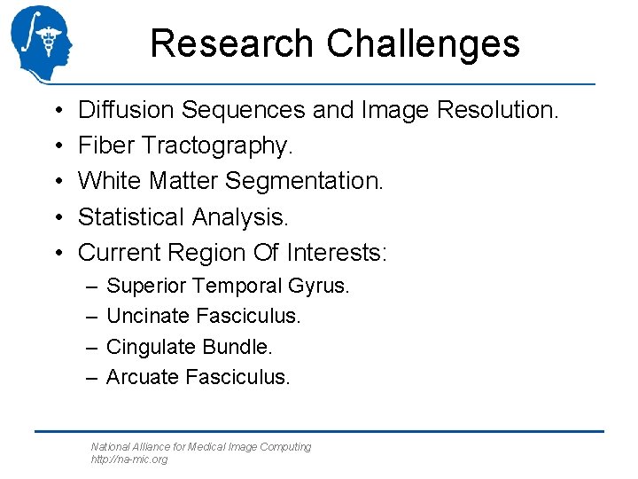 Research Challenges • • • Diffusion Sequences and Image Resolution. Fiber Tractography. White Matter