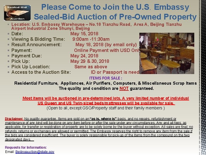  Please Come to Join the U. S. Embassy Sealed-Bid Auction of Pre-Owned Property