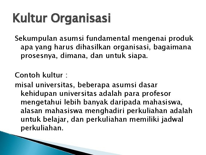 Kultur Organisasi Sekumpulan asumsi fundamental mengenai produk apa yang harus dihasilkan organisasi, bagaimana prosesnya,