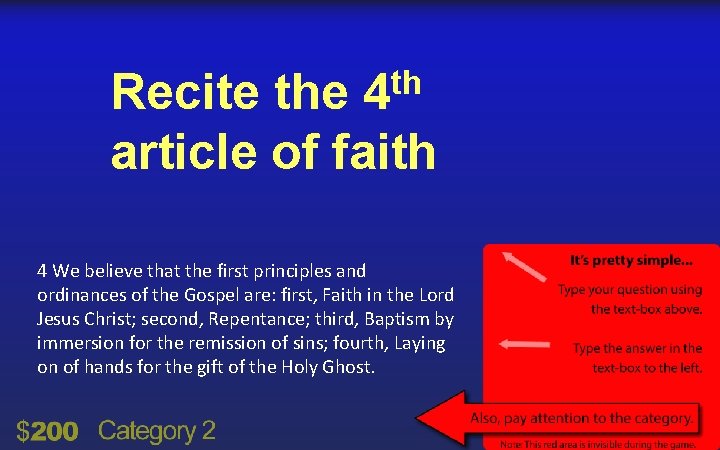 th 4 Recite the article of faith 4 We believe that the first principles