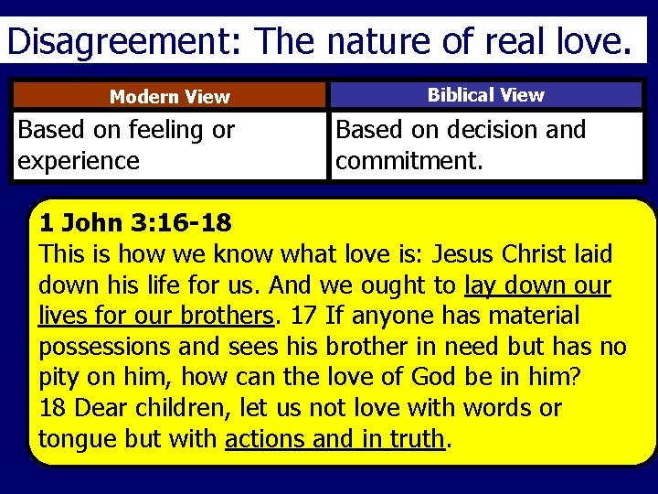 Disagreement: The nature of real love. Modern View Based on feeling or experience Biblical