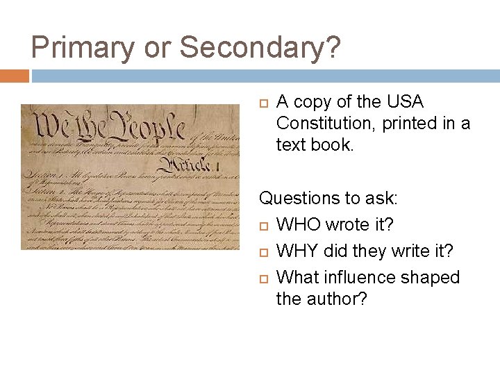 Primary or Secondary? A copy of the USA Constitution, printed in a text book.