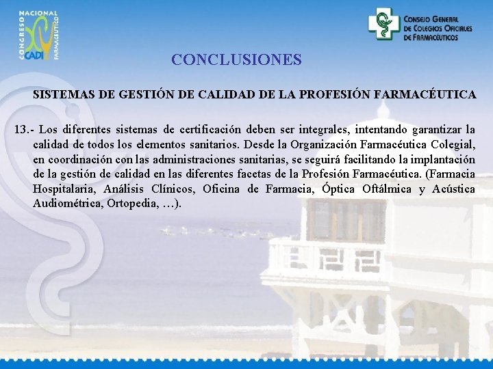CONCLUSIONES SISTEMAS DE GESTIÓN DE CALIDAD DE LA PROFESIÓN FARMACÉUTICA 13. - Los diferentes