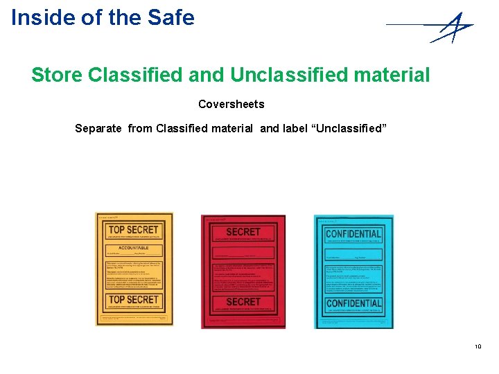 Inside of the Safe Store Classified and Unclassified material Coversheets Separate from Classified material