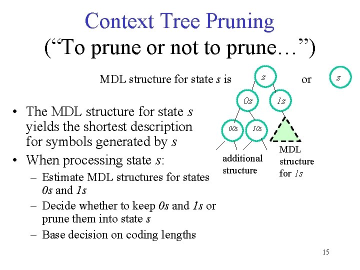 Context Tree Pruning (“To prune or not to prune…”) s MDL structure for state