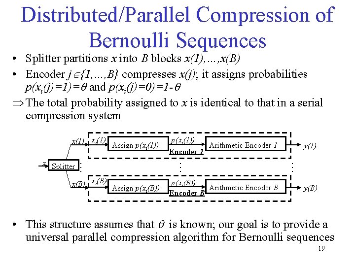 Distributed/Parallel Compression of Bernoulli Sequences • Splitter partitions x into B blocks x(1), …,