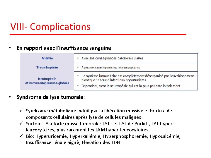 VIII- Complications • En rapport avec l’insuffisance sanguine: • Syndrome de lyse tumorale: ü