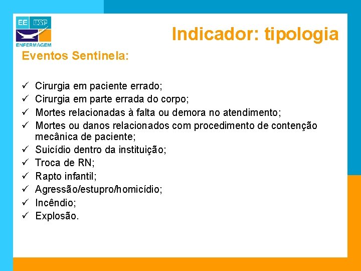 Indicador: tipologia Eventos Sentinela: ü ü ü ü ü Cirurgia em paciente errado; Cirurgia