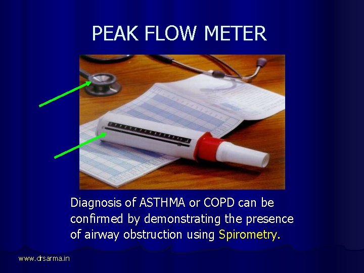 PEAK FLOW METER Diagnosis of ASTHMA or COPD can be confirmed by demonstrating the
