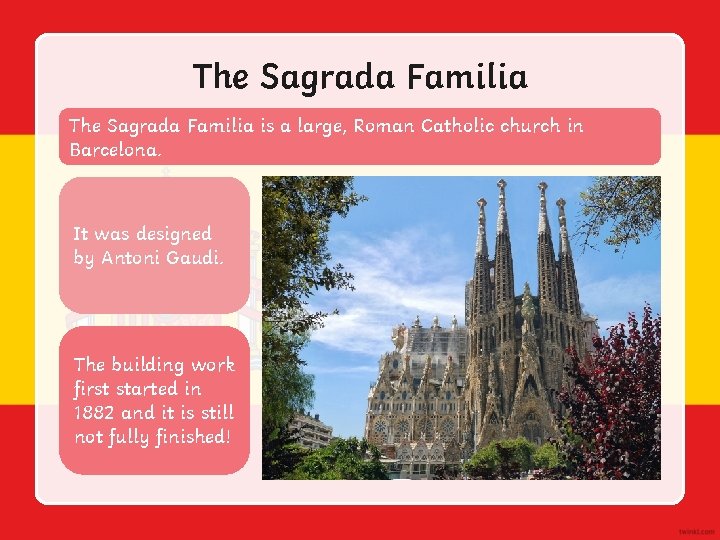 The Sagrada Familia is a large, Roman Catholic church in Barcelona. It was designed