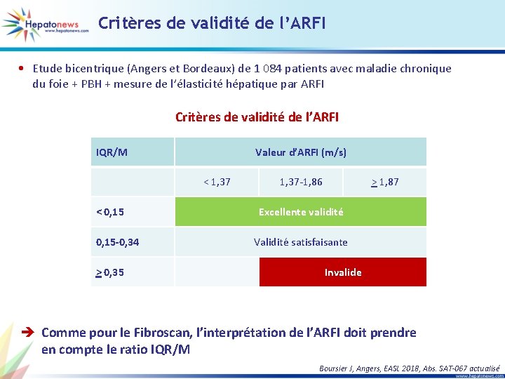 Critères de validité de l’ARFI • Etude bicentrique (Angers et Bordeaux) de 1 084