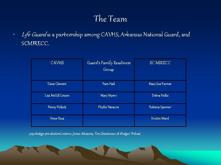 The Team • Life Guard is a partnership among CAVHS, Arkansas National Guard, and